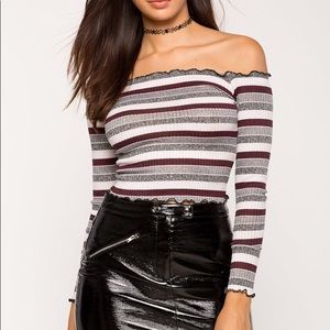 Roxy Stripe Off Shoulder Lettuce Hem